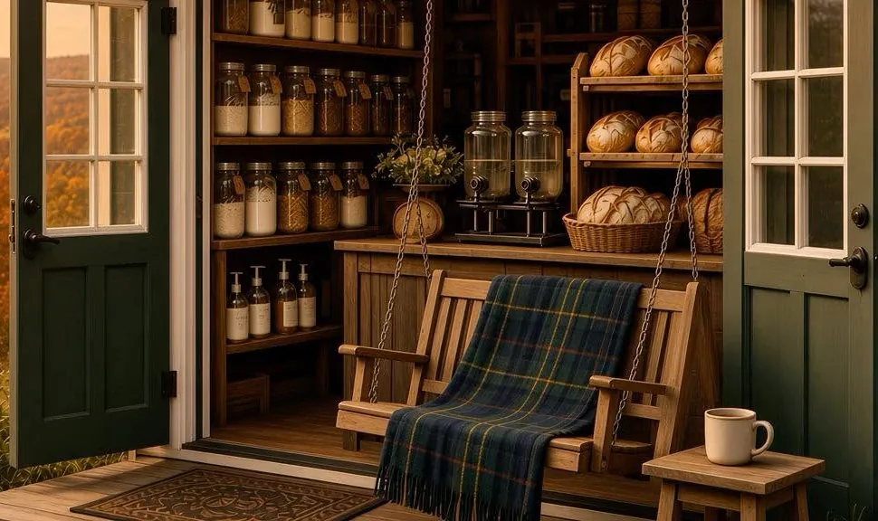 Green double doors standing open on a cozy pantry: wooden shelves of labeled glass jars, two glass drink dispensers, loaves of bread, and a porch swing with a green tartan blanket and a coffee mug, with autumn hills outside