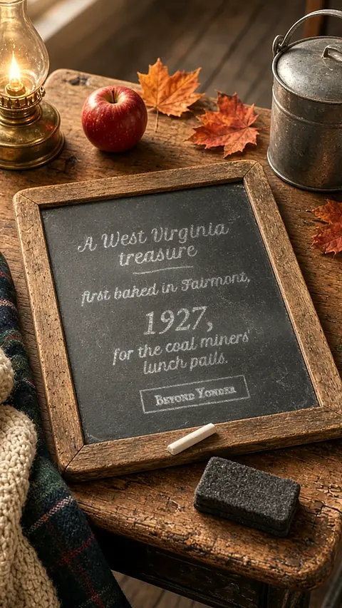 A chalk slate reading A West Virginia treasure, first baked in Fairmont, 1927, for the coal miners' lunch pails