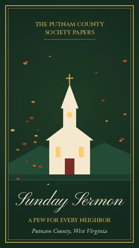 Sunday Sermon title card: a white country church with a lit steeple among autumn hills, The Putnam County Society Papers
